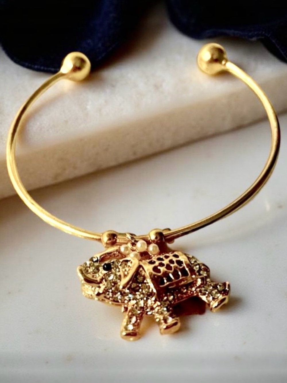 Elephant Charm Gold Tone Cuff Bracelet Rhinestone Pearl Adjustable
